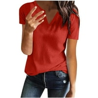 Блузи за жени, облечени ежедневни обикновени тениски Женски твърд цвят V-образно деколте удобни разхлабени тениска с къс ръкав