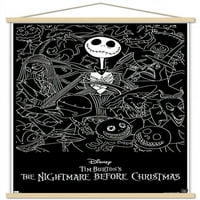 Кошмарът на Дисни Тим Бъртън преди Коледа - черно -бял плакат за стена с дървена магнитна рамка, 22.375 34