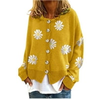 Жилетки за жени, зимни ежедневни флорални отпечатани плетени палто с дълъг ръкав, цип на жилетка за жени за жени жълт размер 2xl