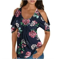 LHKED Дамски ризи за летни ризи за жени на клирънс женски мода удобна ежедневна кръгла шия с къс ръкав за печат без презрамки топ блуза