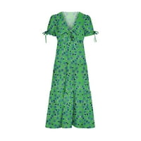 Просвещение йохом летни рокли дамски v вратовръзка на шията плисирана подгъва къса ръкав зелен xxl