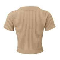 Ризи за жените мода на жените лято Нова солидна цветна ревера късо ръкав тънък плетен дъна върхове бежов xl