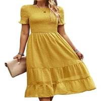 Бохо обикновен кръгъл врат линия рокля с къс ръкав жълти дамски рокли