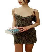 Thaisu Women Mini Bodycon рокля, винтидж карирана рокля за връзване на гърди, летна рокля без ръкави без ръкави