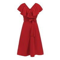Летни рокли за жените летни шифонски рокли на жените Deep V Neck Ruffle Ressing с къс ръкав с колан червен L