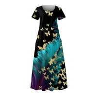 Жени кръгло деколте модни флорални глезени дължина A-Line Лятна рокля с къс ръкав син 2xl