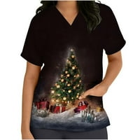 Коледни ризи за жени с къси ръкави сестрински върхове коледни дърво отпечатани v шия wiht джобове свободни годни празнични блузи