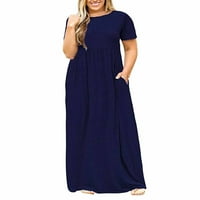 Просвета летни рокли за жени кръгло деколте модни отпечатани глезени Дължина A-Line рокля с къс ръкав син 2xl