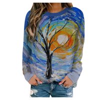 Женски свободно време абстрактен пейзаж принт с дълъг ръкав качулка ежедневно плюс размер тънка туника есенна риза отгоре