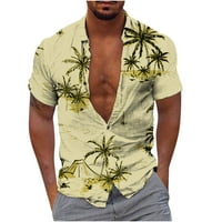 Атлетически върхове мъже Модни ежедневни копчета Хавай Печат на къси ризи с къс ръкав Блузна мускулна риза за мъже, жълти, S