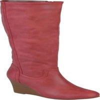 Дамска колекция за пътуване дълга широка Телешка клин пета коляното висока обувка червена кожа 7. M