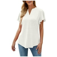 Дамски V-образни върхове модни солидни женски късо ръкав свободни блузи тениски бели L