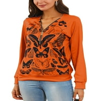 Жени пролет есен с дълъг ръкав тениска блуза хлабава пеперуда печат цип нагоре v върхове на шията плюс размер ежедневна работна