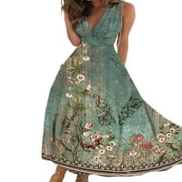 Елегантна v шия без ръкави мини от печат флорална рокля от слънчева рокля
