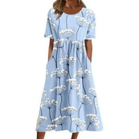 Рокли за жени Лятна мода с къса ръкав лъжичка шия женски а-линия флорална с джобове Ваканционна синя рокля XL